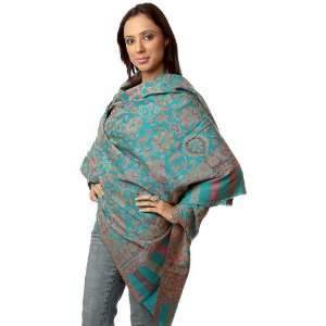 Turquoise Kani Shawl with Multi Color Woven Flowers All Over   Pure 