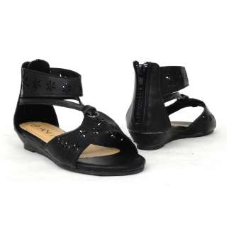 Girls Ankle Wrap T Strap Flat Sandals Black Size 9 4 / kids flower 