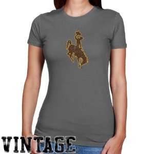 Wyoming Cowboys T Shirts  Wyoming Cowboys Ladies Charcoal Distressed 
