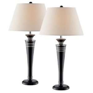   Set of Two Matte Black Wood Linen Shade Table Lamps: Home Improvement