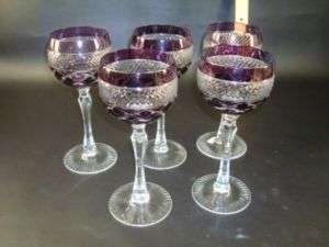 SET OF 5 CUT TO CLEAR AMETHYST CRYSTAL WINE GLASSES  