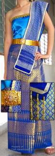 Thai Wedding Dress Full Blue Silk szM Sabaii Shirt Belt  