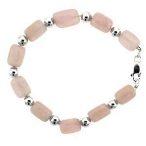   Silver Round Bead Genuine Rose Quartz Nugget Bracelet: Jewelry