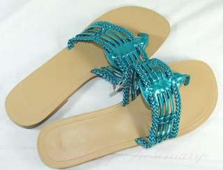 Inside Out Braided Woven Metallic Strap Flip Flop Thong Sandals Aqua 
