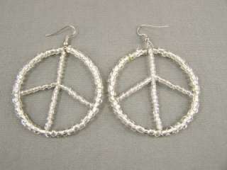   beaded Peace Sign earrings seed bead dangle big hoops 3 long  