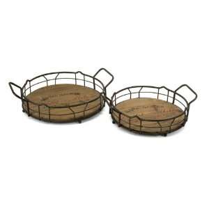   of 2 Antiqued Fir Wood Wine Barrel Theme Serving Trays
