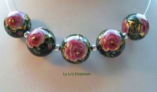 NEW GORGEOUS Pink Rose on Black Japanese Tensha Beads 12 MM  