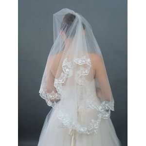   1T Embroidered Fingertip Bridal Wedding Veil, White 