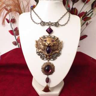 Vintage Repousse TIGER LION Glass Necklace Signed LaHeir  