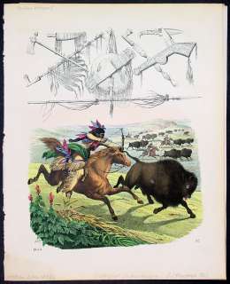 1853 German Antique Print American Indians Buffalo Hunt  