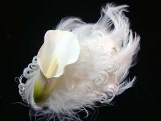 Bright White Calla Lily Flower 3   Feathers 6 Alligator Clip
