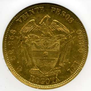 COLOMBIA 1874 BOGOTA Gold 20 Pesos NGC AU58 #5199  