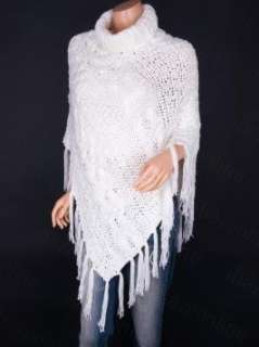 Cream Fringes Turtleneck Poncho Cable Knit Sweater Top  