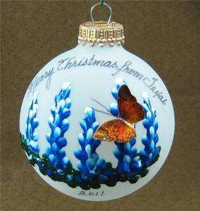 Texas Bluebonnets 3D Butterfly Glass Christmas Ornament  