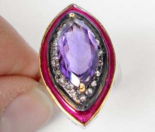 ORCHID PURPLE AMETHYST MARQUISE DIAMOND GOLD .925 SILVER VINTAGE RING 