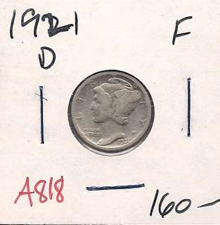 1921 D Mercury Dime Ten Cent Fine A818  