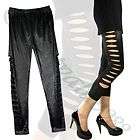 Black Girl Lady Side Cut Faux Leather Tights Leggings Pants Ripped 