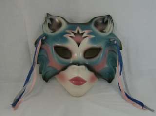 VINTAGE CLAY ART CAT WOMAN PORCELAIN WALL MASK WINE TEAL  