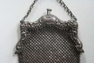 Vintage Antique German Silver Mesh Purse Bag w Repousse Frame Chain 