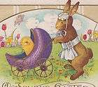 Dressed Rabbit Bunny Pushing Chick in Carriage Easter Postcard