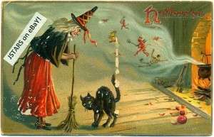 1911 HALLOWEEN WITCH, BROOM, BLACK CAT, DEVIL, TUCK HALLOWEEN 