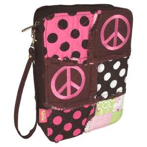 PINK AND BROWN POLKA DOT RAG QUILTED PATCHWORK PEACE SIGN BIBLE COVER 