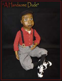   Black Folk Art Doll, By Rochelle, Vintage African American Boy  