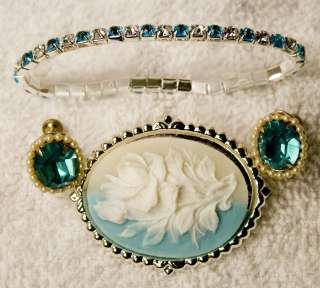 vintage jewelry set pin brooch pendant bracelet glass crystal earrings 