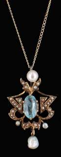 ANTIQUE 14K GOLD 1CT OVAL CUT AQUAMARINE SEED PEARL LAVALIERE NECKLACE 