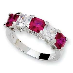   Silver Asscher cut Synthetic Ruby/Cubic Zirconia 5 stone Ring (Size 8