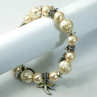   White Stretch Artificial Pearl Beads Dangle Bangle Bracelet  