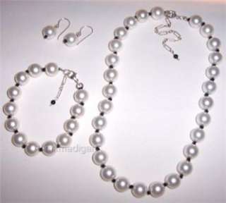   Rare Shell Pearl Black Sterling Silver Bracelet Necklace Earrings Set
