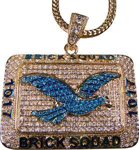 Black Gold Brick Squad Bird Rhinestones Necklace Chain  