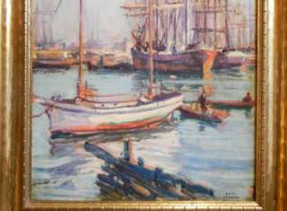   Canada Impressionist Harbor Boat Dock Seascape Gloucester Oil Painting