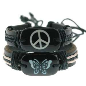 Genuine Dark Leather Bracelet with Butterfly and Peace Sign Designs 