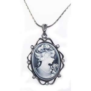  Beautiful Antiqued Cameo Charm Necklace with Gray Crystal 