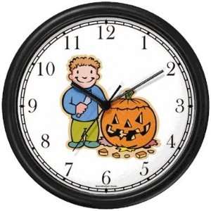  Boy Carving Pumpkin, Jack o Lantern Wall Clock by 