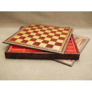  Burgundy and Gold Leather Chess Board with Storage Chest 