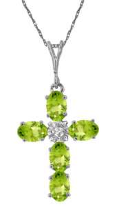   Gold Natural Peridot Gemstones & Diamond Cross Pendant Chain Necklace
