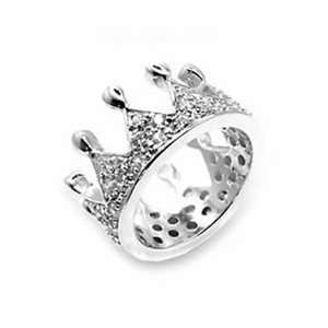  ES2085 Silver Tone Clear CZ Princess Crown Ring Jewelry