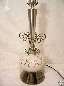 Vtg Retro Atomic Wire Brass Pottery Pr Table Lamps  