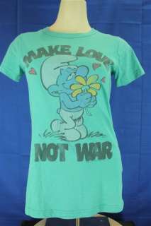Junk Food Smurfs Make Love Not War Green SS T shirt Large Juniors 