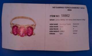 GEMS TV Woman Ring Flamingo Topaz Diamonds 14k gold band size 6.75 