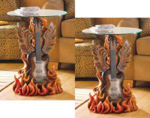 Two (2) Rock N Roll guitar round glass end side tables  