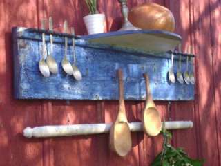 Primitive Hanging Wall Spoon Holder + Drying Rack + Shelf in Blue 