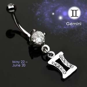 Belly Ring with Dangling Zodiac Cubic Zirconia Gemini   May.22 thru 