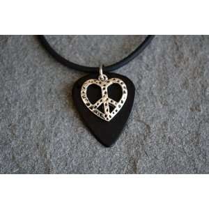 Guitar Pick Necklace with Love Peace Charm on Black Fender Guitar Pick 