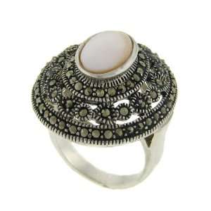   Silver Marcasite Big Round White Stone Inlay Ring Size #7 Jewelry