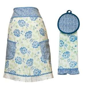 Laura Ashley Hydrangea Half Apron and Pot Mitt Kitchen Towel Set, Blue