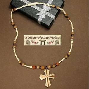  100% Handcarved Mammoth Ivory CROSS Round Bead Necklace 